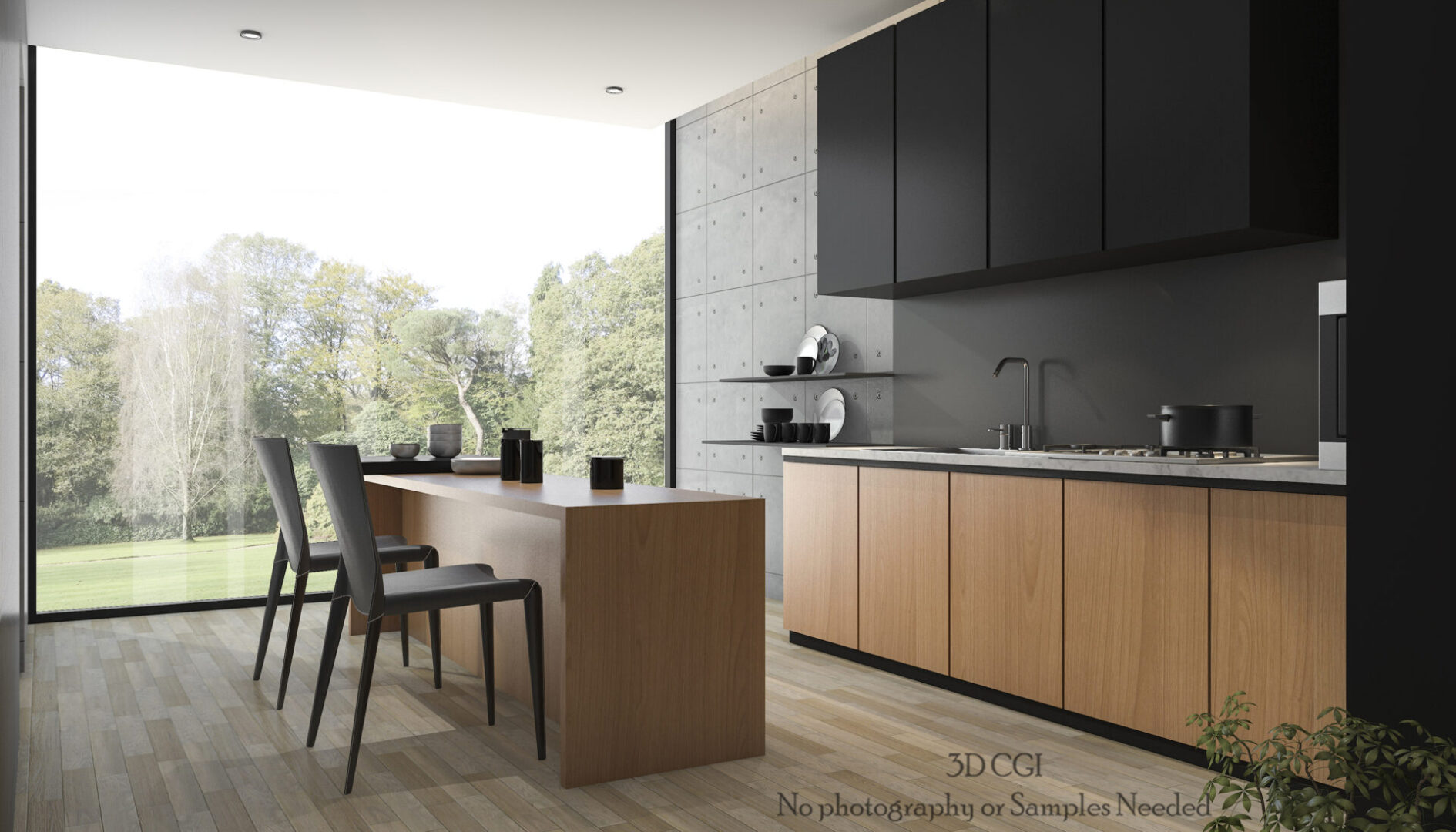 A modern kitchen with black and brown wood finish